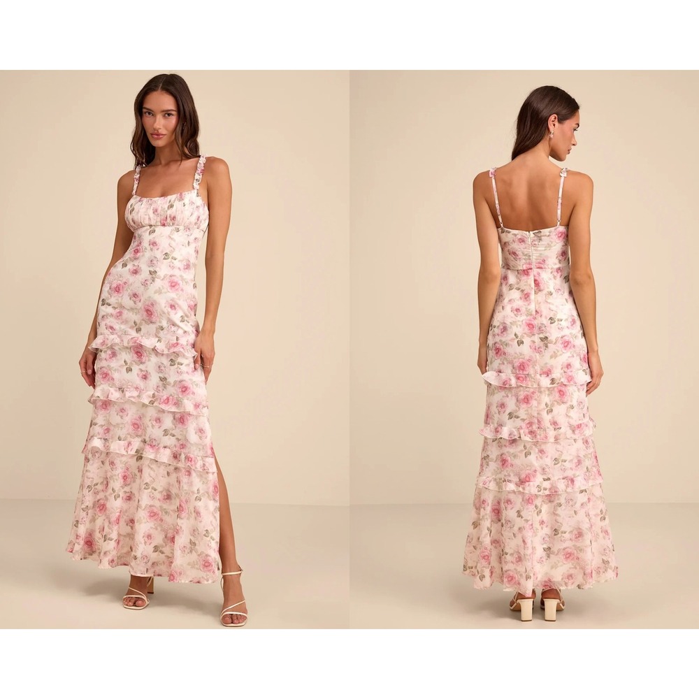 Lulus Remiette Cream Floral Ruffled Empire Waist Maxi Dress Size XL